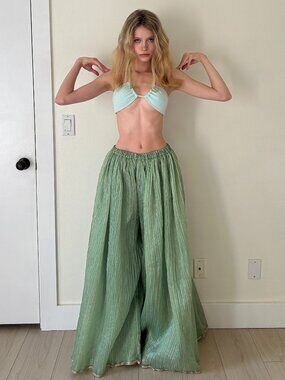 80s Palazzo Pants (L) large mint green vintage womens skirt wide leg glam